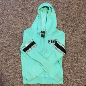 Pink bedazzled sweatshirt / hoodie in mint green
